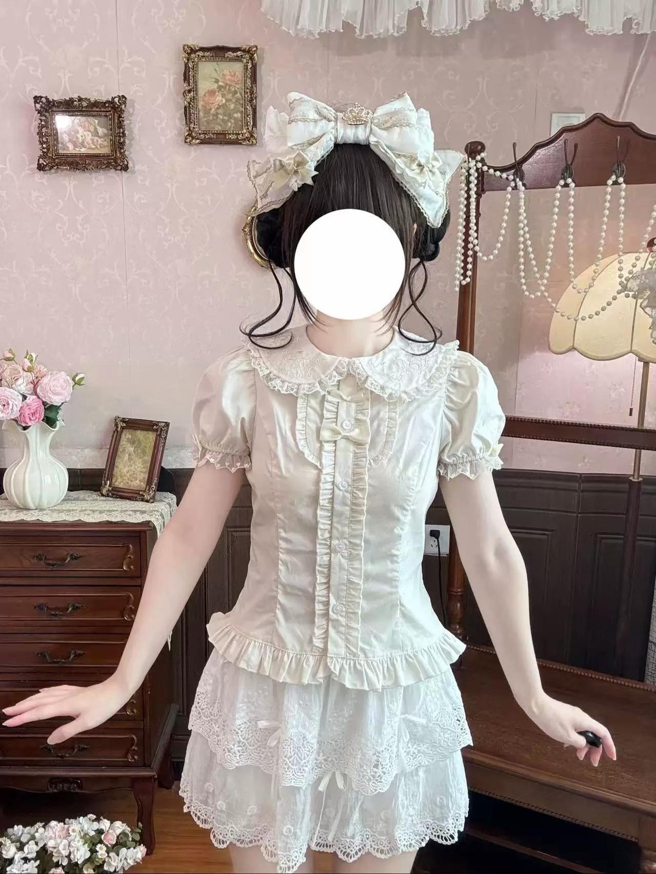 Bunny Bear Cream - Cotton Sweet Lolita Blouse, Peter-pan Collar with Ear (L M S XL) 45832:864441