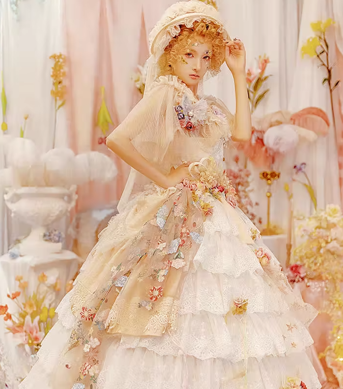 Sentaro - Elegant Lolita A-line Fish-bon Adjustable Tiered Skirt (beige) 15014:208934