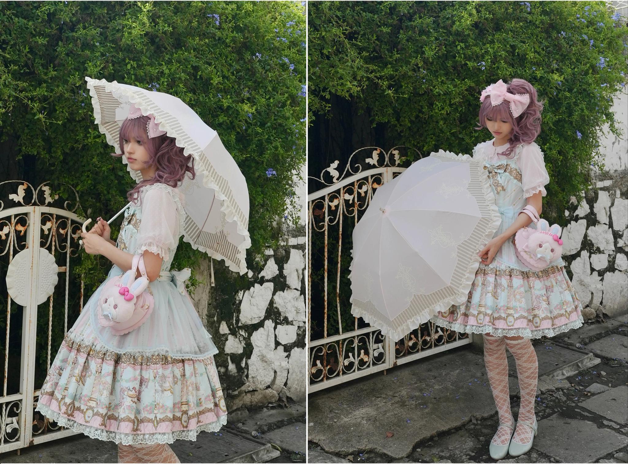 Lyre Academy - Classic Lolita 2-Fold Parasol, Lyre Print & Embroidered Trim 45679:858497