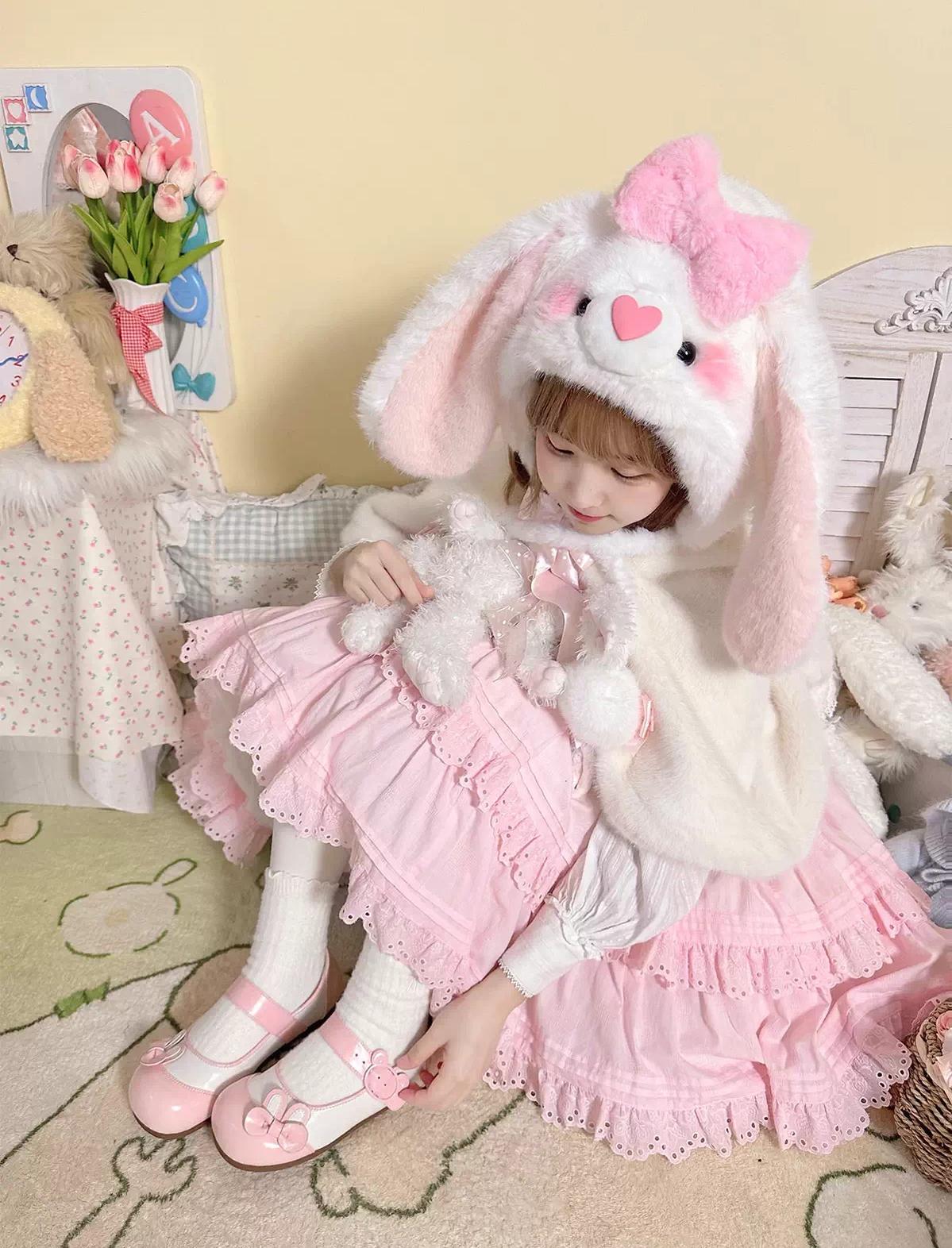 Bunny Milk Candy - Kawaii Lolita Flat Shoes, 3D Bunny Ear Bow
