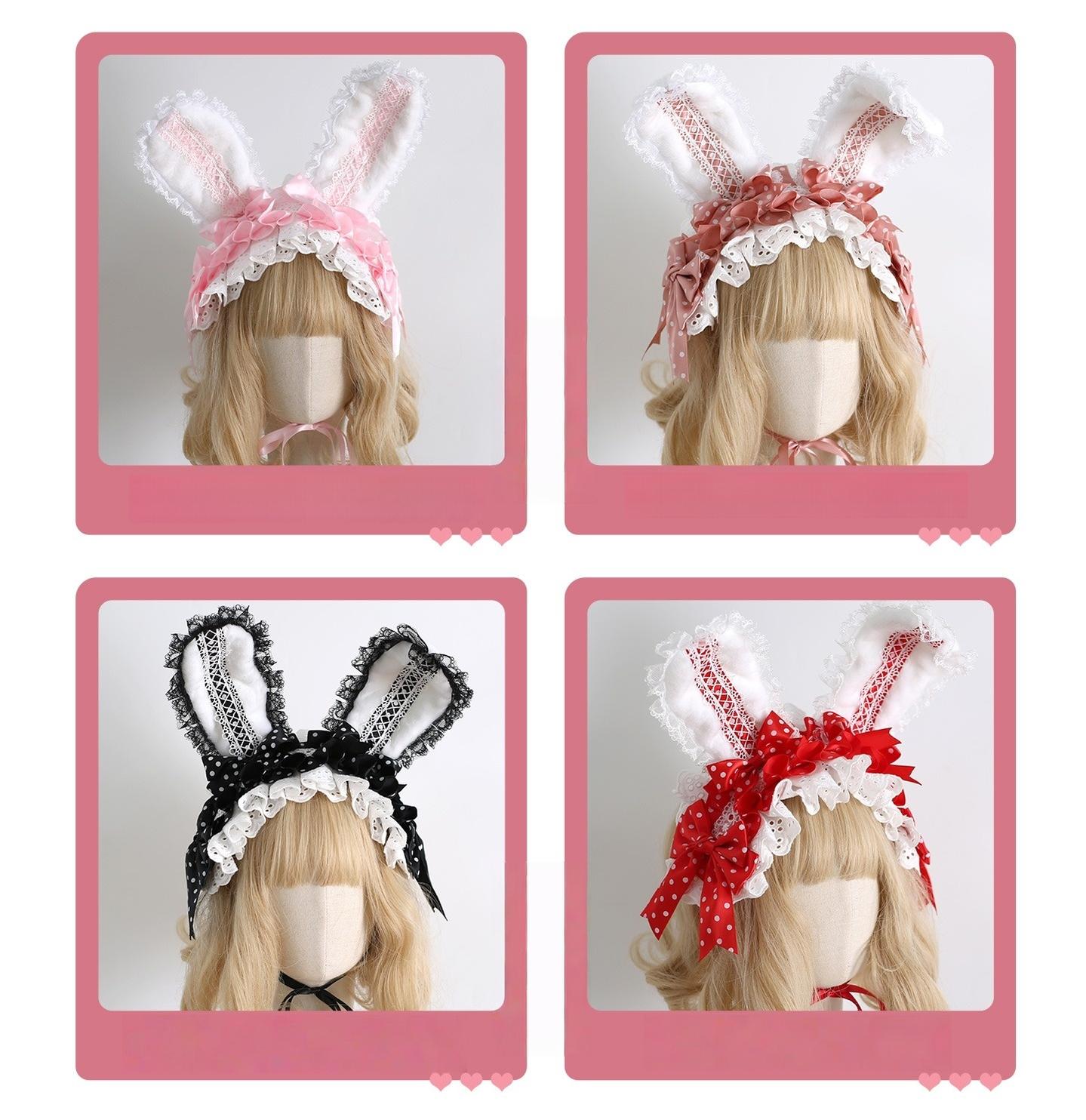Xiaogui - Sweet Lolita Polka Dot Lace Hairband, Shapeable Bunny Ears 44127:797273