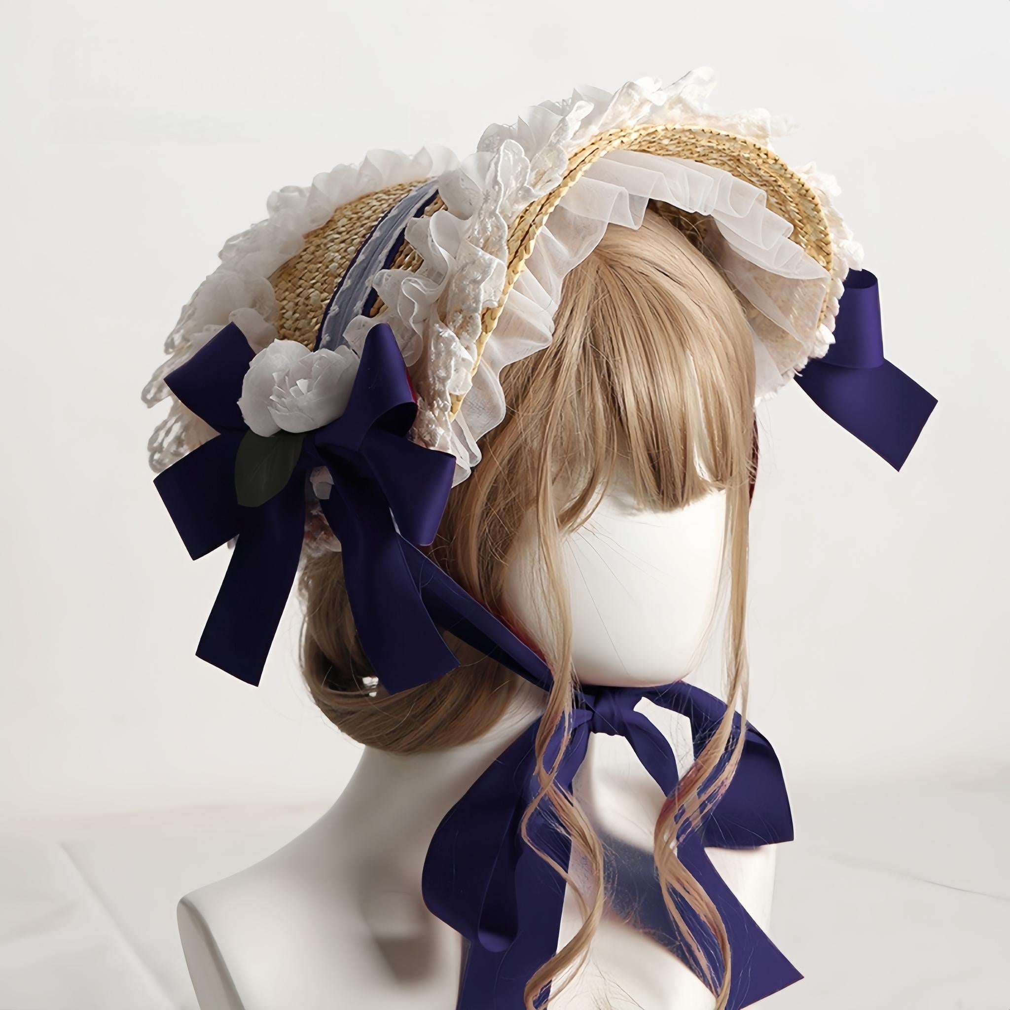 The Accessories' Story - Country Lolita Straw BNT, Ruffled Lace, Artificial Flower No Head Circumference Limitation / One Size Navy Blue