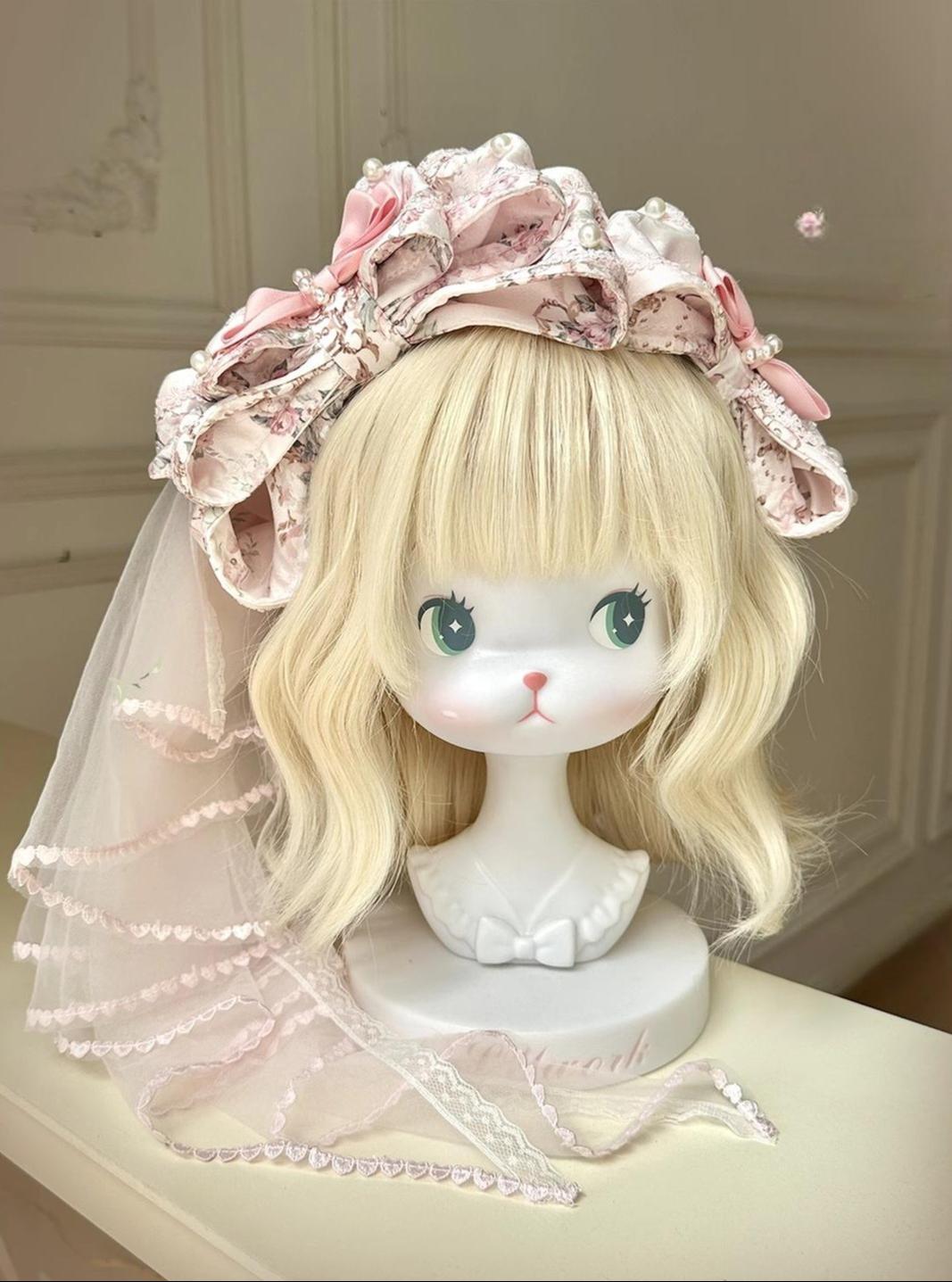 Mengfuzi - Flower in the Mirror - Floral Printed Old School Lolita Accessory Set (Pink) 44315:802638