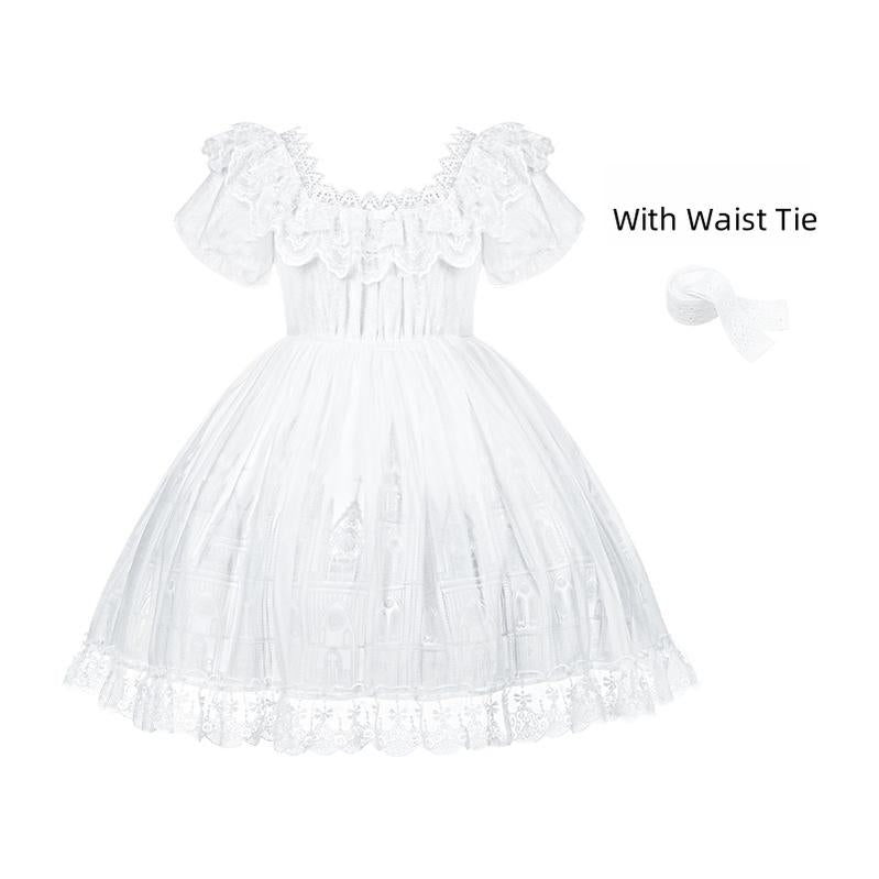 With PUJI - Dawn's Last Light - Castle Printed White Gothic Lolita OP, Two Length Styles Short OP + Waist Tie S