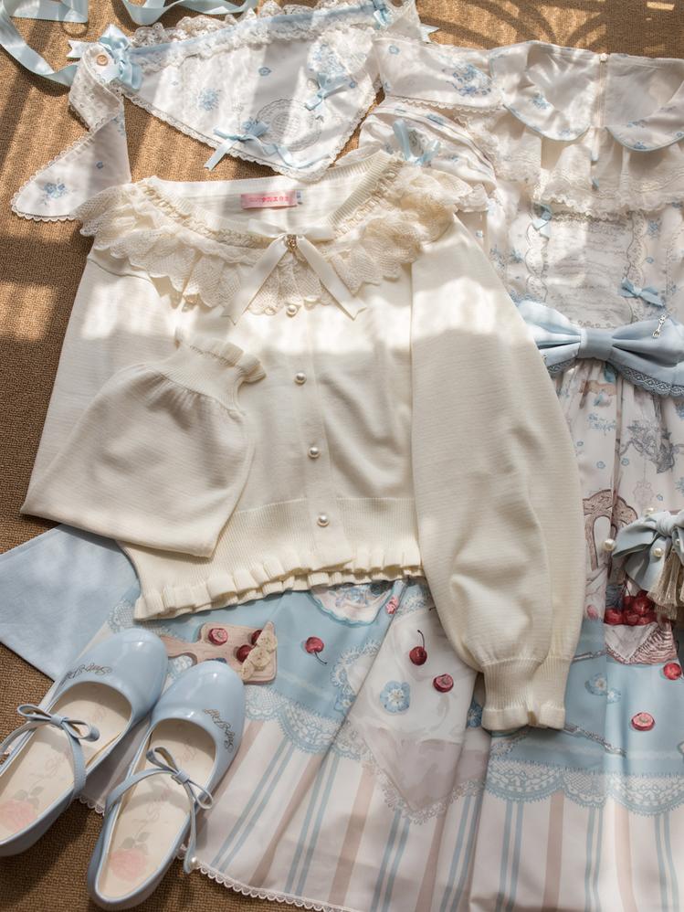 MIST - Graceful Dream - Retro Kawaii Lolita Sweater Cardigan, Ruffled Lace Neckline 43729:783976