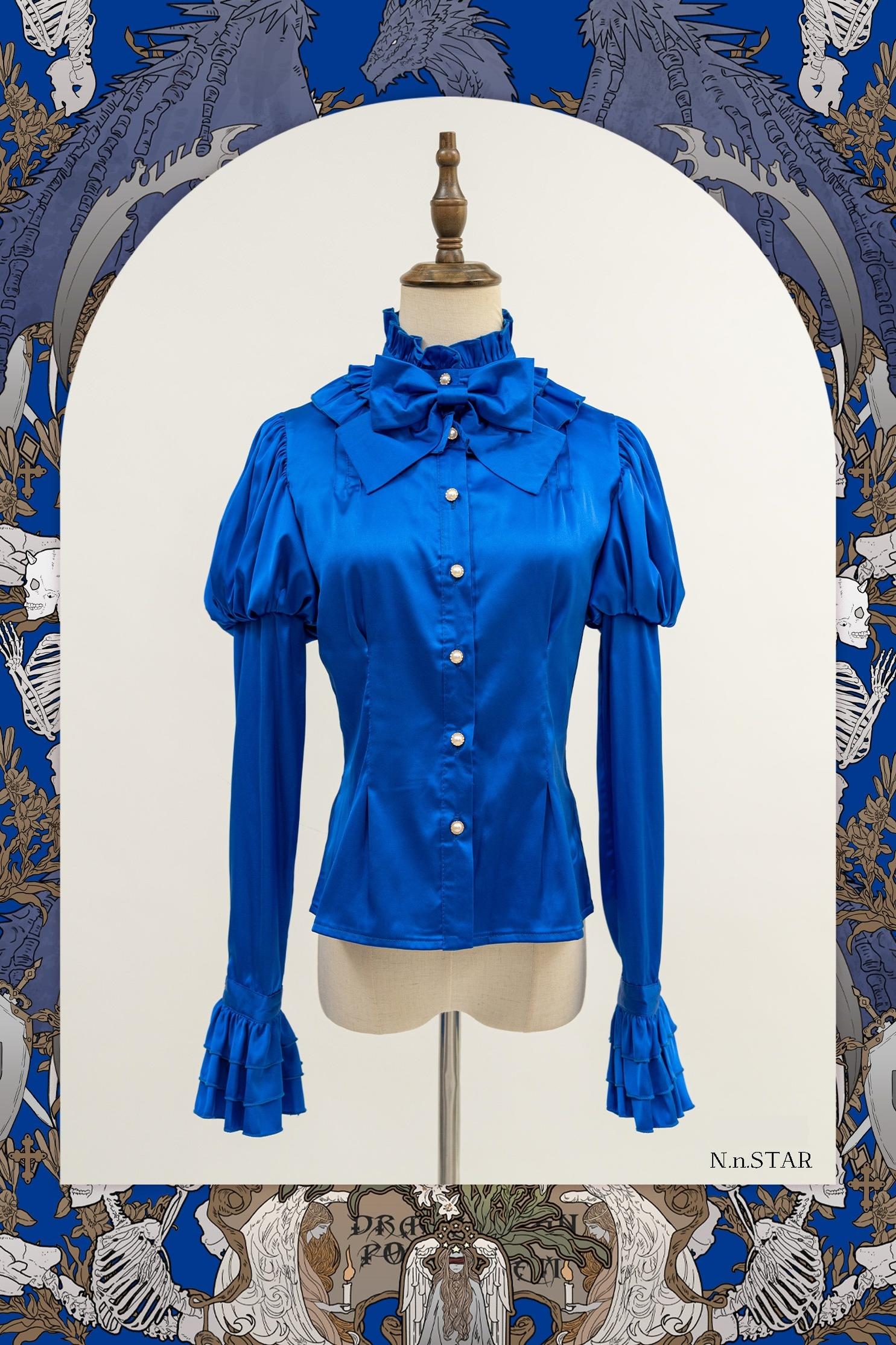 Nn Star - Dragonbone Lily - Gothic Lolita Satin Shirt with Vintage Julie Sleeves Blue M