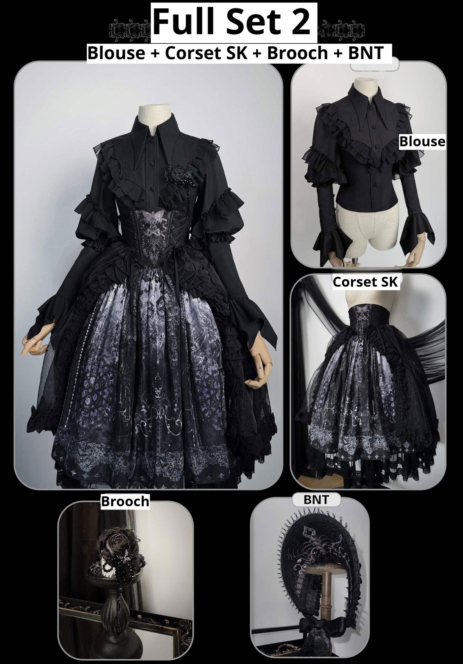 Bone-Eroded Butterfly - Gothic Lolita JSK & SK Set Full Set 2 (Blouse + Corset SK + Brooch + BNT) S