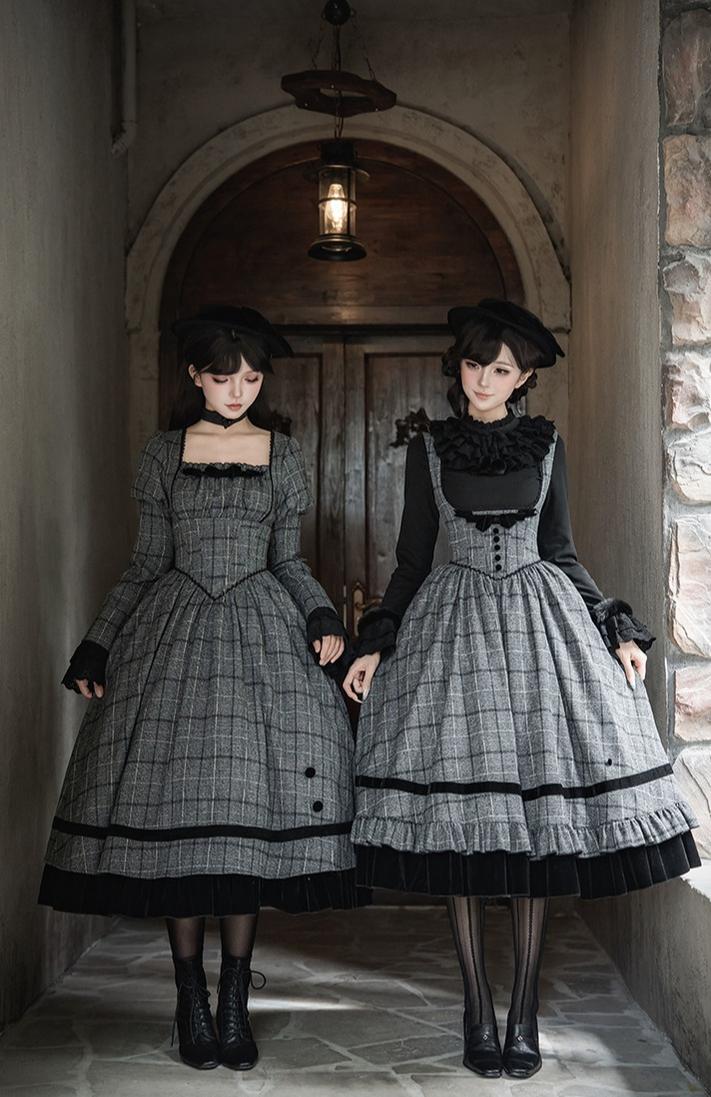 With PUJI - Yesterday's Epistle - Winter Classic Lolita Plaid Dress Set, Fishbone Waist 44227:799847