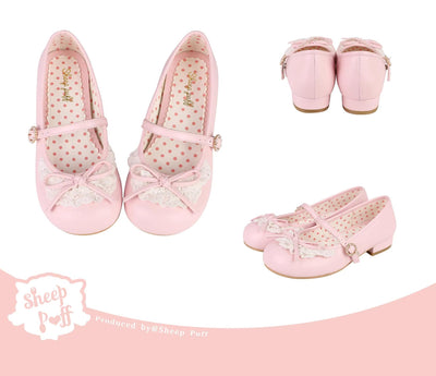 Sheep Puff~Little Leila~Kawaii Lolita Shoes Round Toe Flat Shoes 34 Pink low heel-2.5cm 
