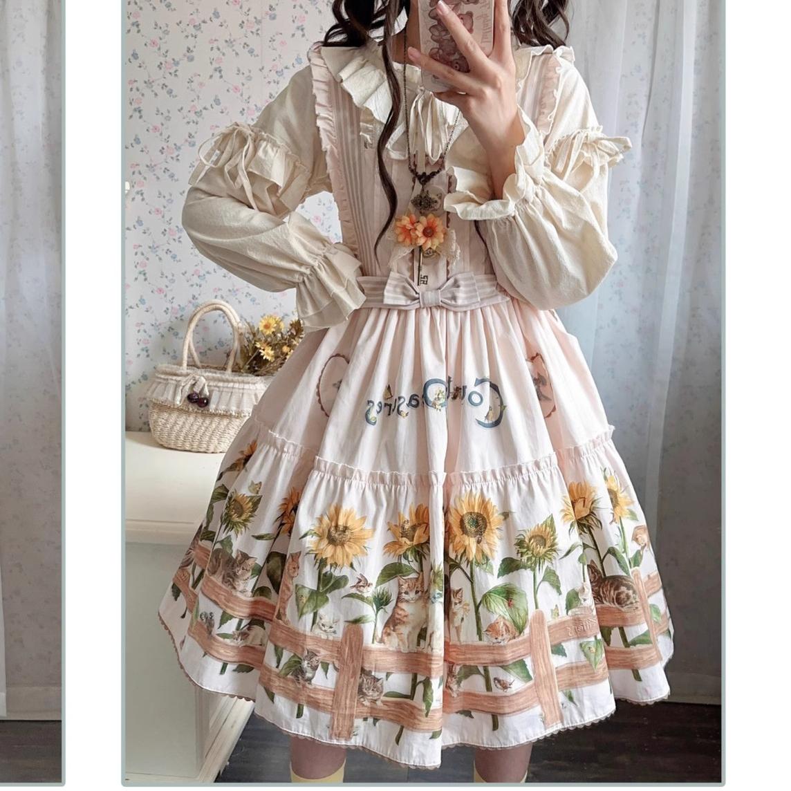 Polaris Lolita - Cat and Sunflower - Sweet Lolita JSK Cat and Sunflower Print Dress and Headdress Set