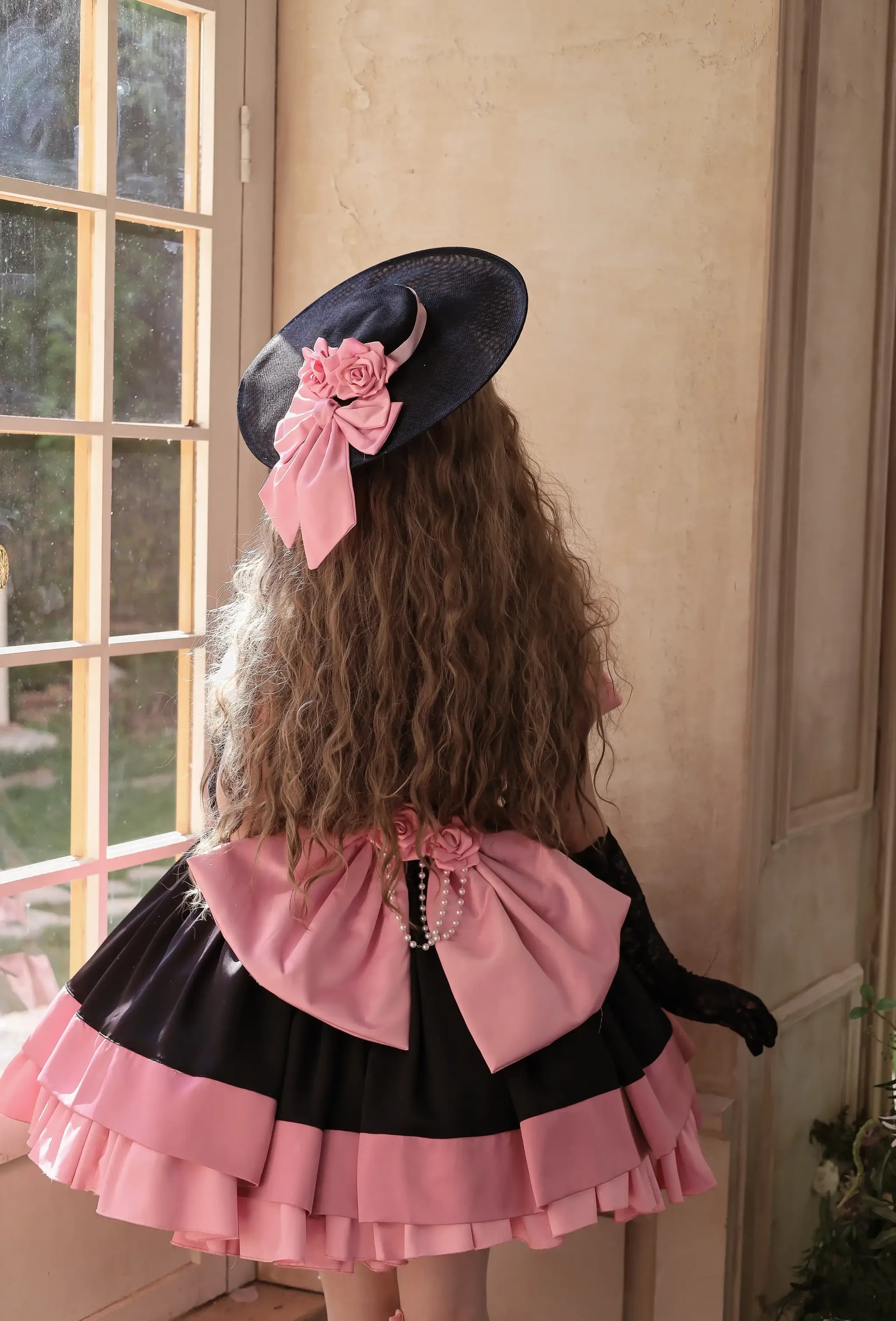 Casket Rose - Elegant Lolita Satin Corset Dress with 3D Pink Roses 45675:858120