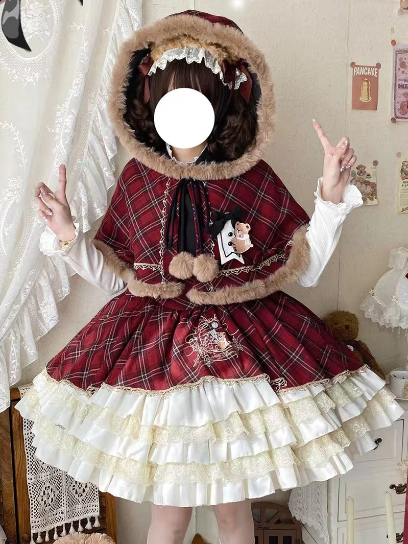 OCELOT - Kurikuma Cocoa - Christmas Plaid Lolita JSK, Hooded Cape 44202:799771
