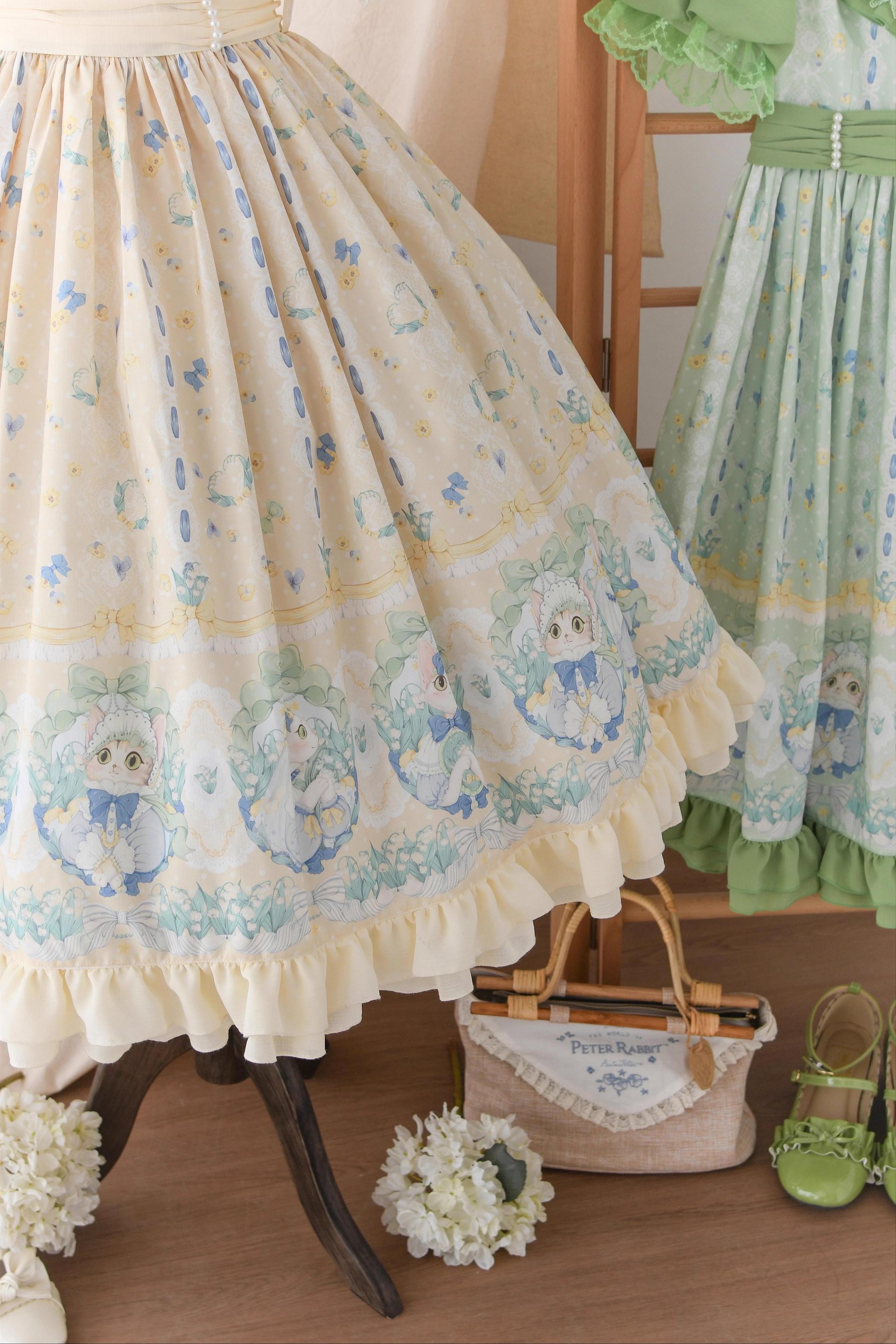 Strawberry Witch - Lily of the Valley Kitten - Country Lolita OP with Embroidery and Cat Print