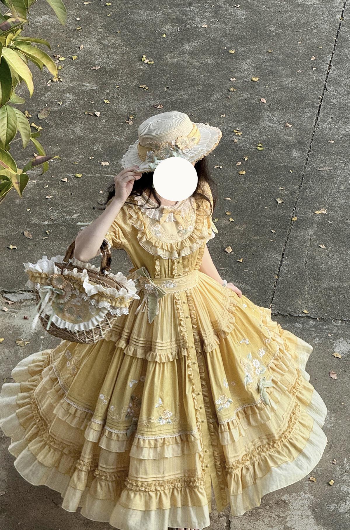 Moonlight Amber - Sunflower - Embroidered Country Lolita Dress, Tiered Skirt