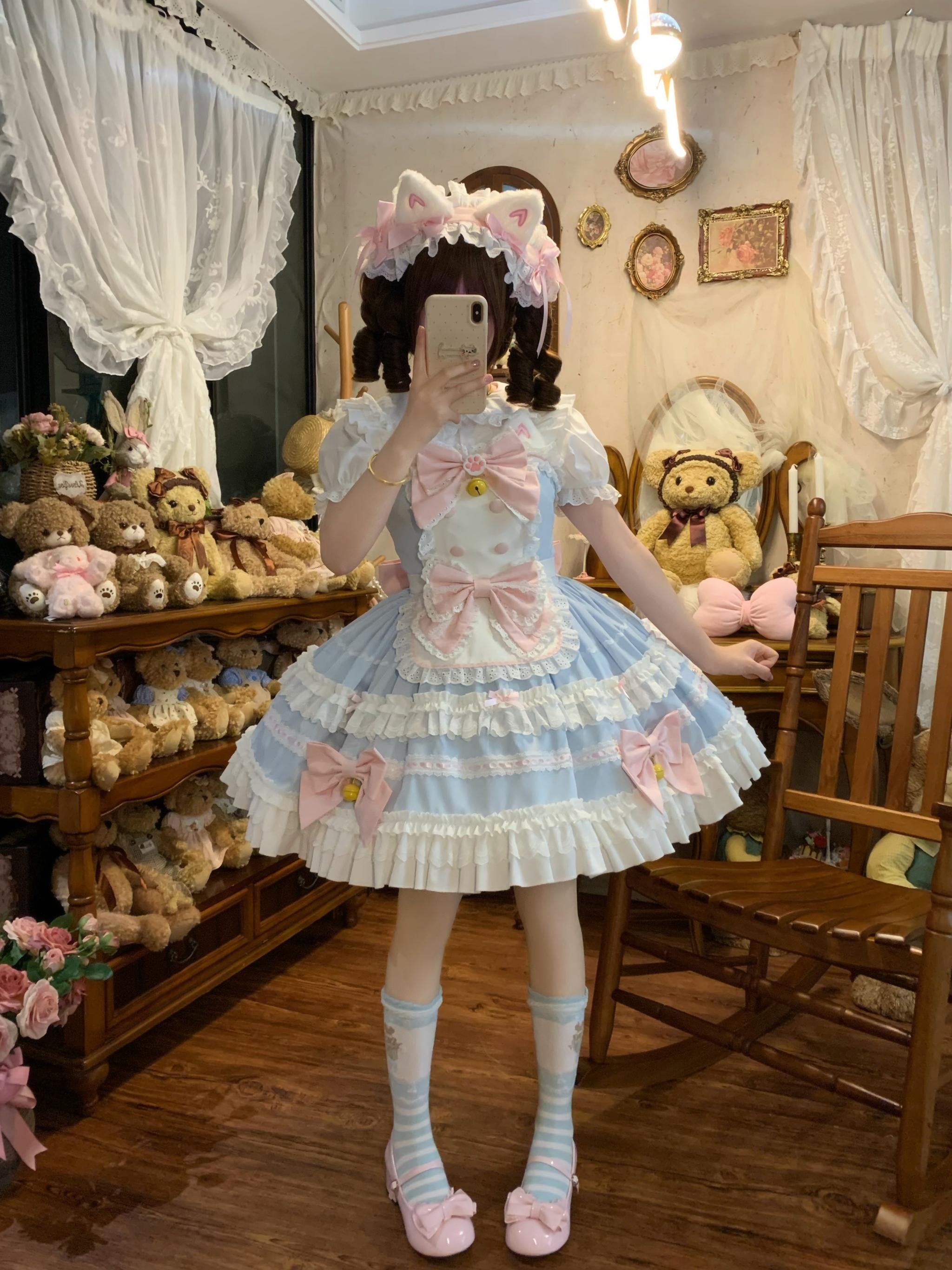 Sugar Girl - MeowRin SweetMaid - Sweet Lolita JSK, Adjustable Straps Blue JSK + Apron + Pink Back Bow + Headband S