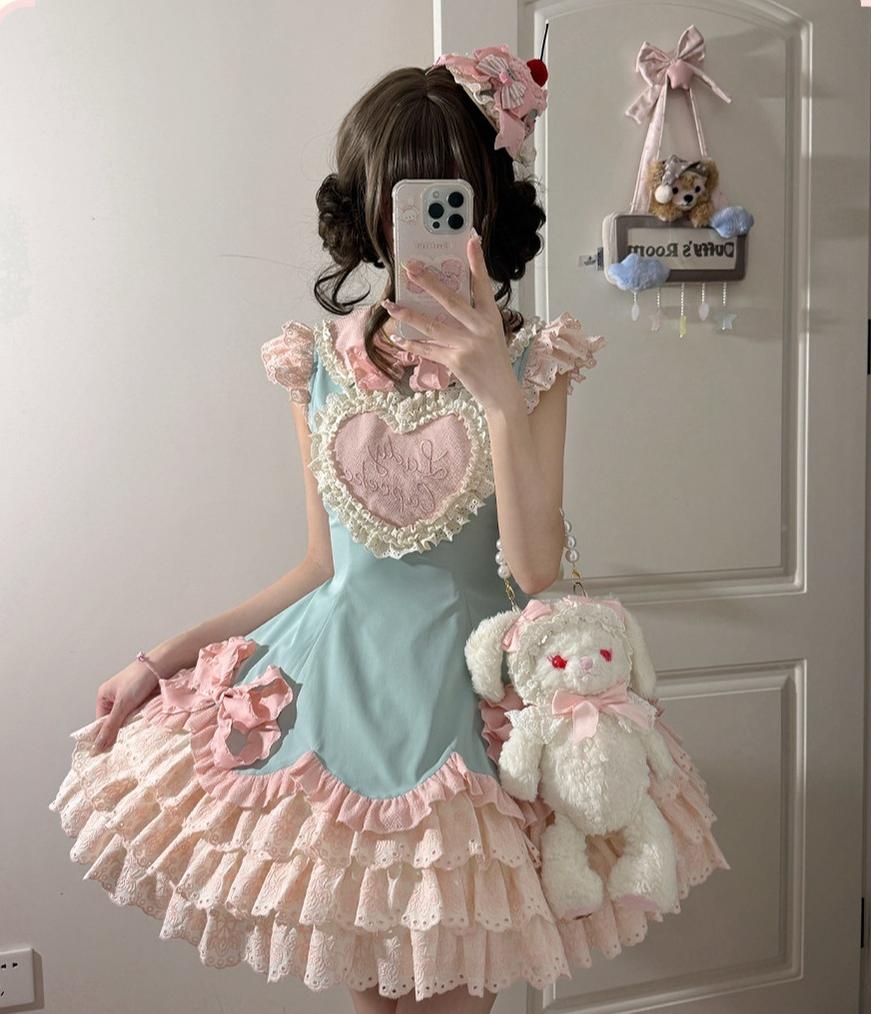 Bafei Honey Words - Sweet Lolita Embroidery JSK Dress, Tiered Hem