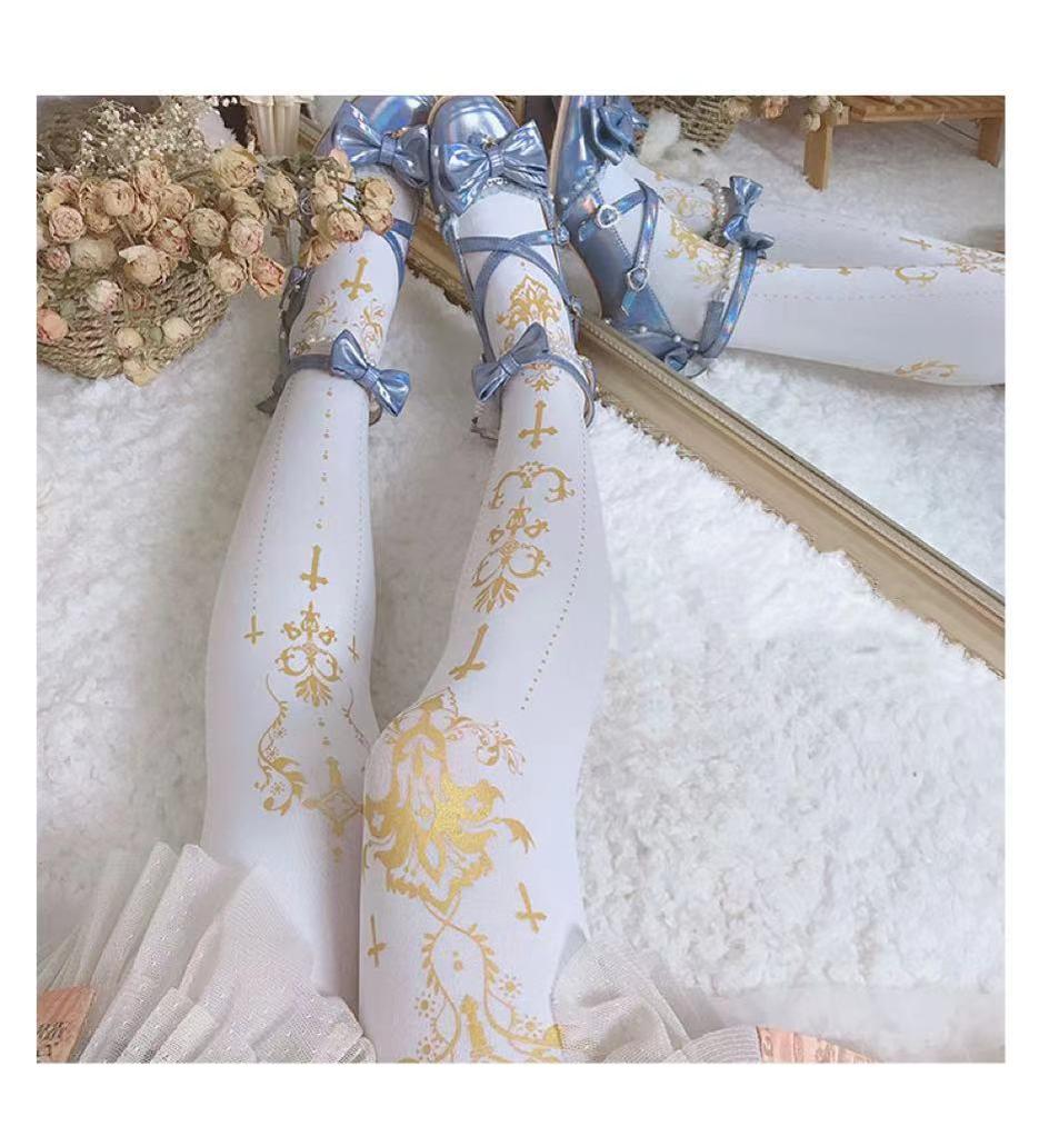 Wulala Mew~Elegant Lolita Pantyhose Daily Gold Foil Printing Tights 32880:403520