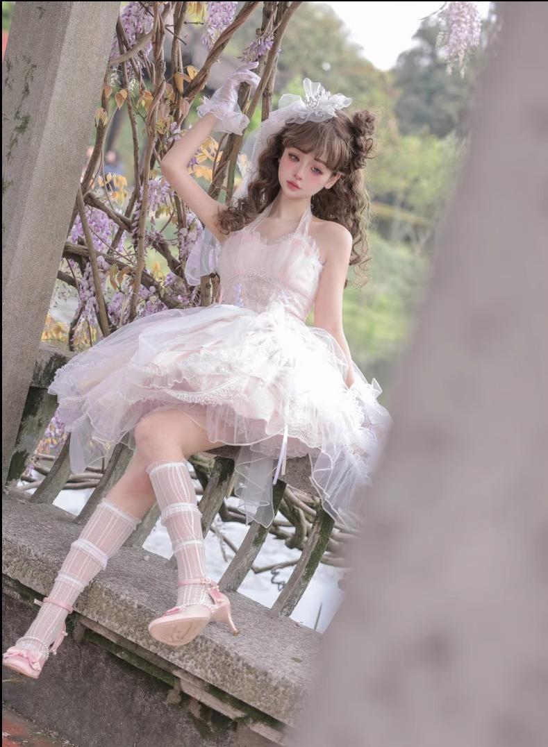 Daydream Whisper - Endless Summer - Bridal Wedding Lolita JSK Open-Back Dress Pink- short dress only (without overlay) S