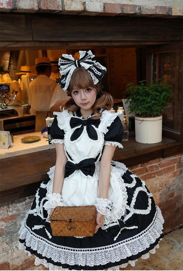 Creamy Sweet Bunny - Cotton Old School Lolita Bunny Ear OP Dress with Bows Black OP + Black KC + White Apron S
