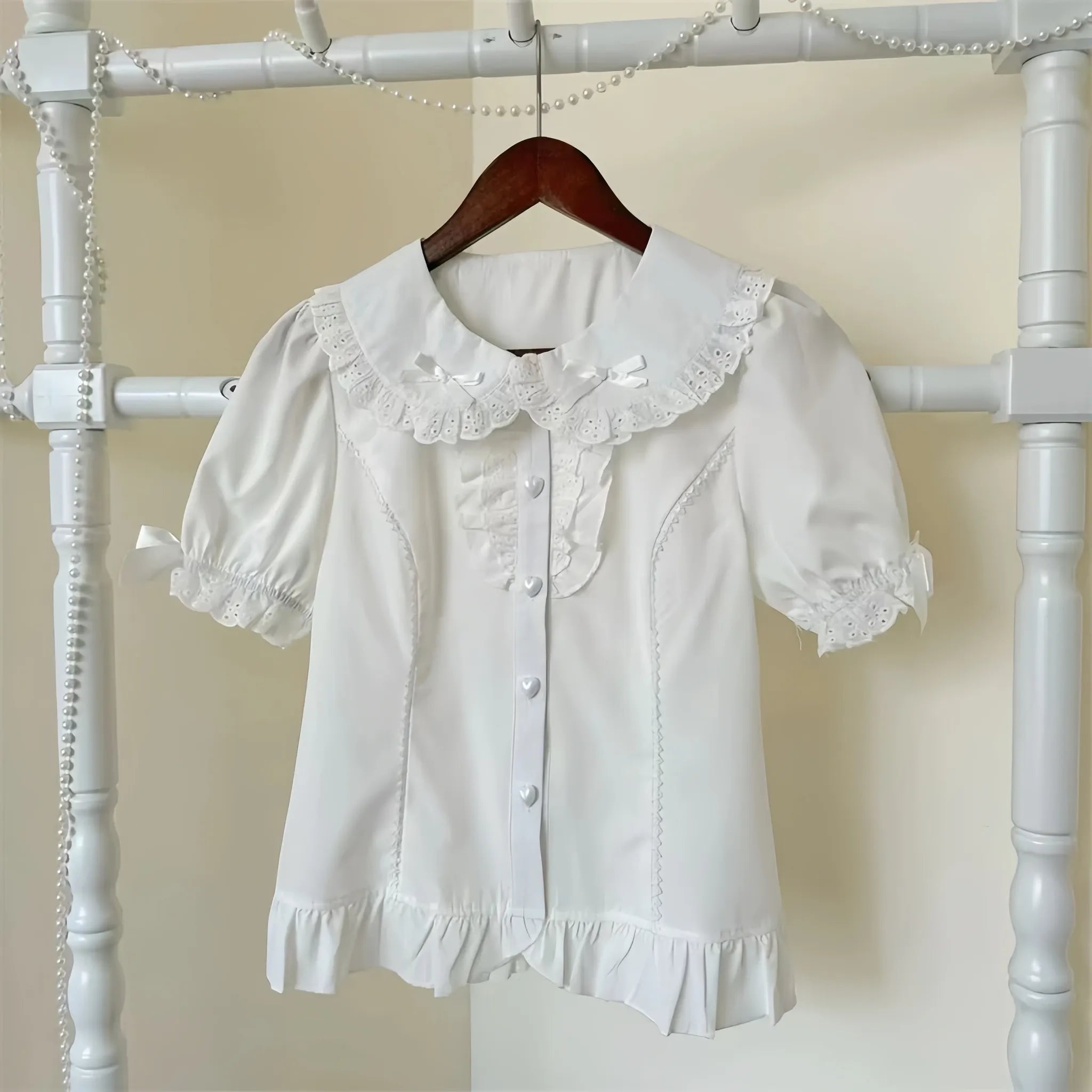 Cotton Sweet Lolita Peter Pan Collar Blouse, Heart Buttons (L M S) 45814:863107