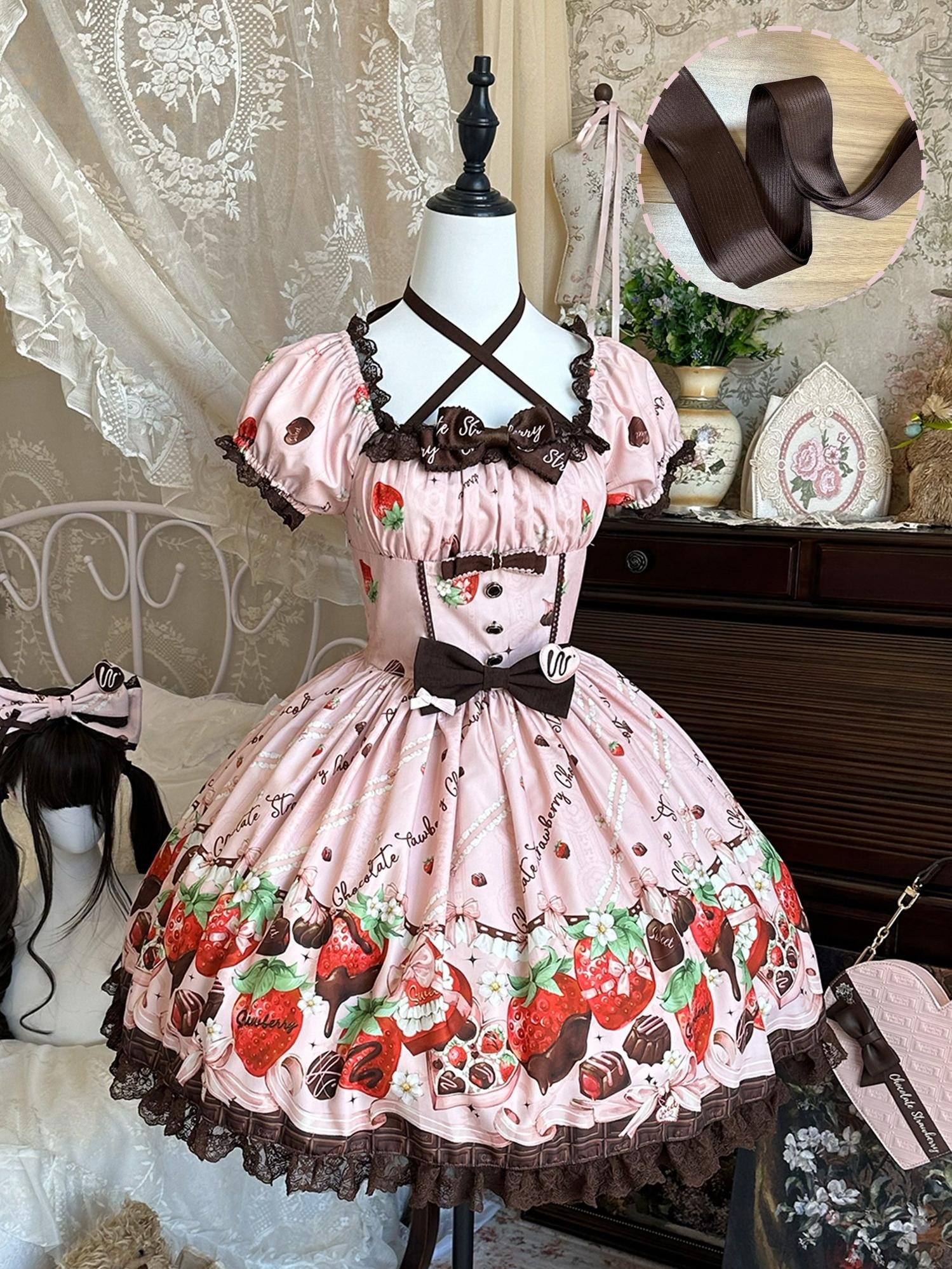 Strawberry Chocolate Lovers - Kawaii Lolita Embroidered Dress, Strawberry & Chocolate Print Pink - Square Neckline OP Only S