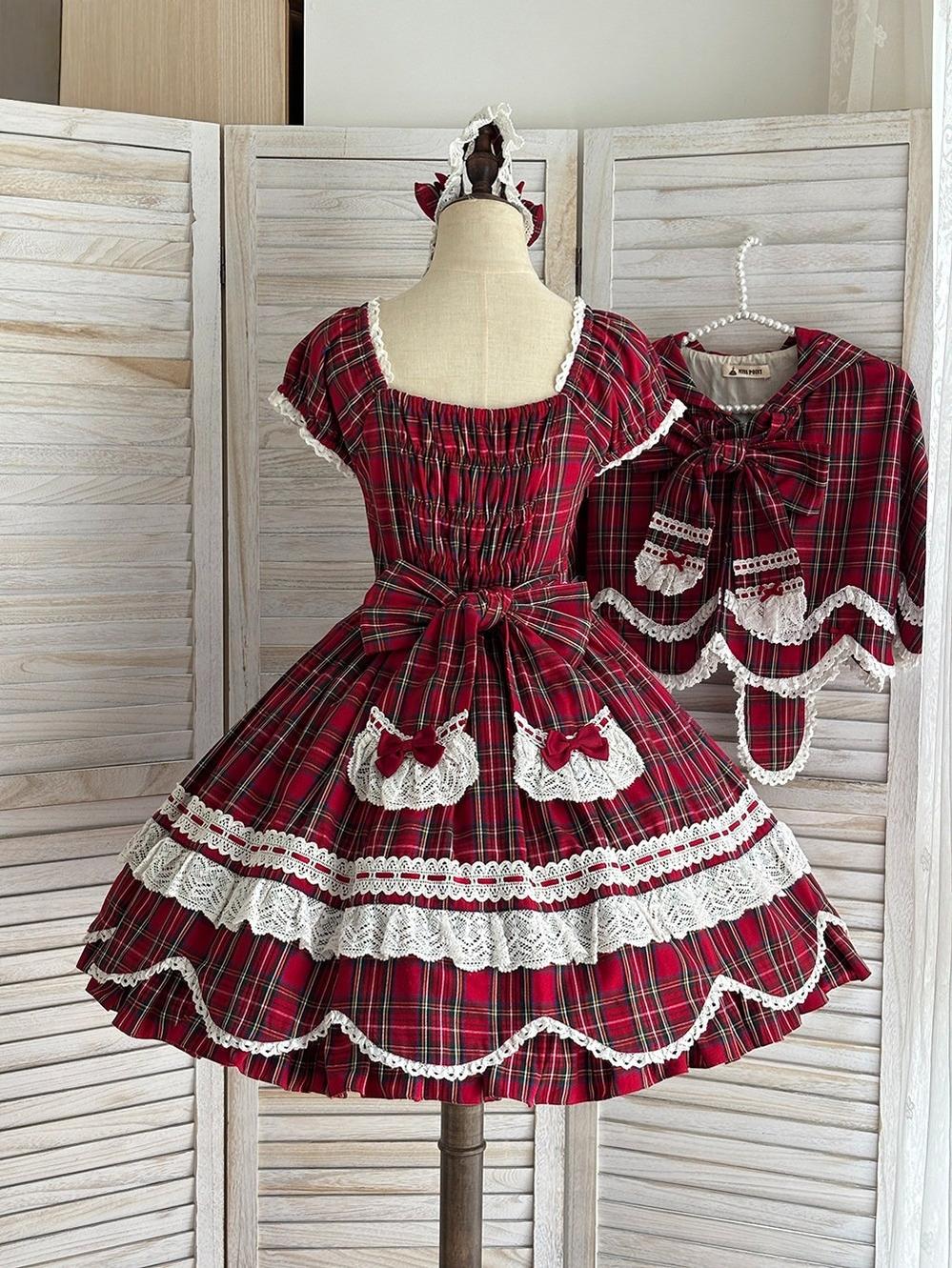 Plaid Petal Bunny - Old School Lolita Plaid OP Dress, Petal-shaped Hem 44673:818332