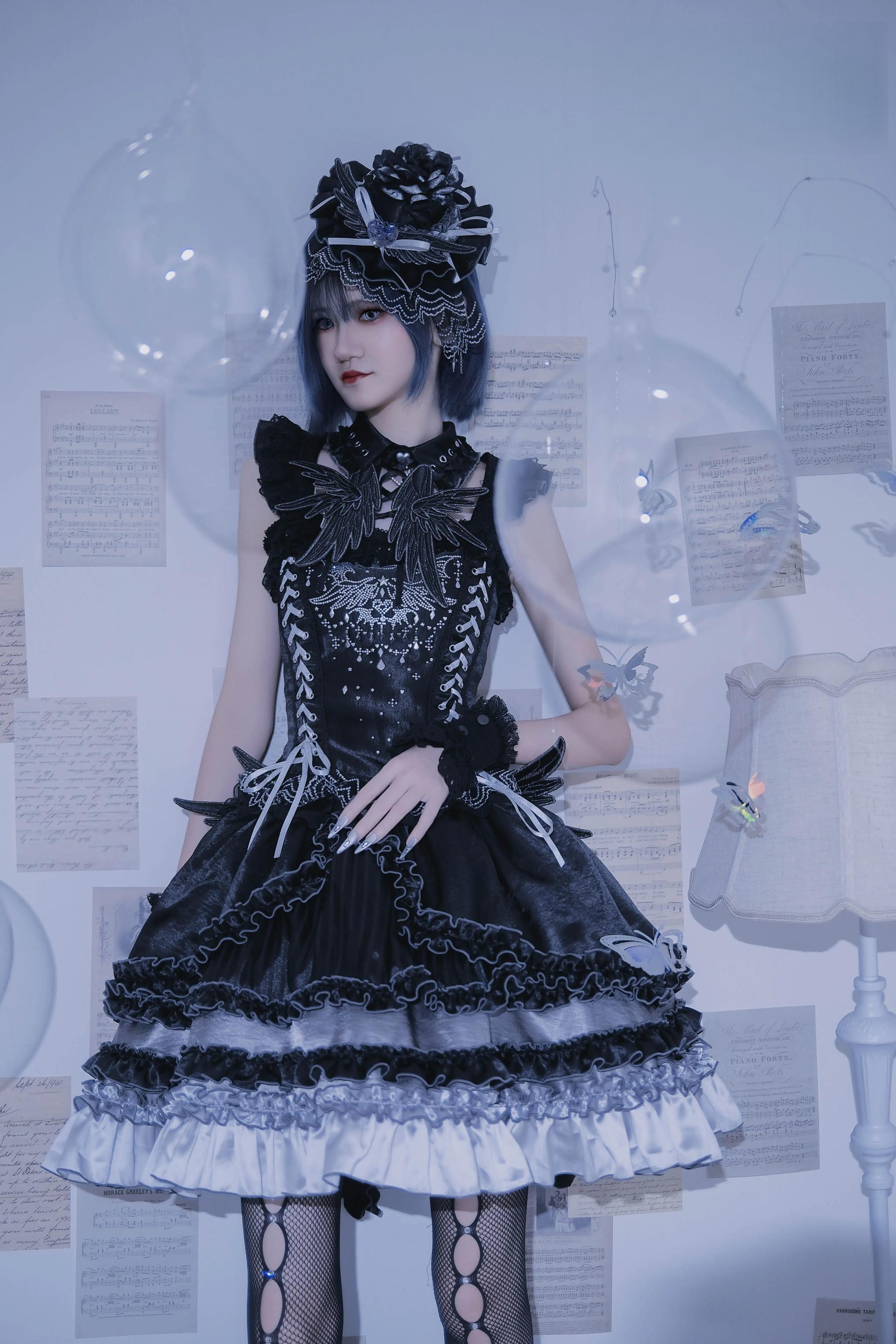 Metallic Angel Black - Gothic Lolita Rhinestone Top & Ruffled Skirt Set