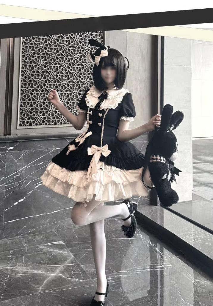 Creamy Bud - Old School Lolita OP Dress, Bunny Ear Heart Accent