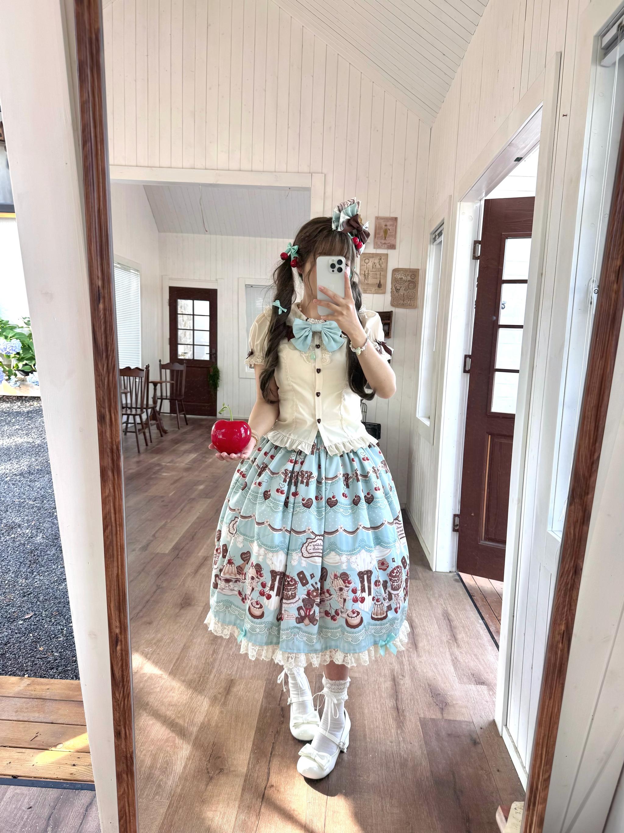 Cherry Choco Bear - Kawaii Lolita Elastic Skirt, Dessert and Cherry Print