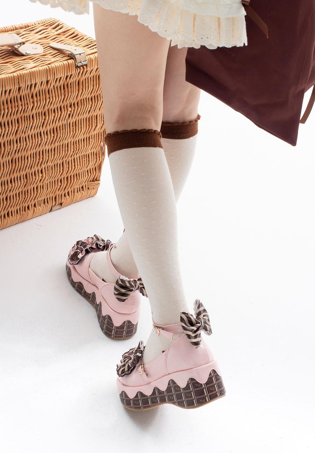 Sheep Puff - Chocolate Sponge Cake - Sweet Lolita Thick-Sole Shoes with Printed Platform