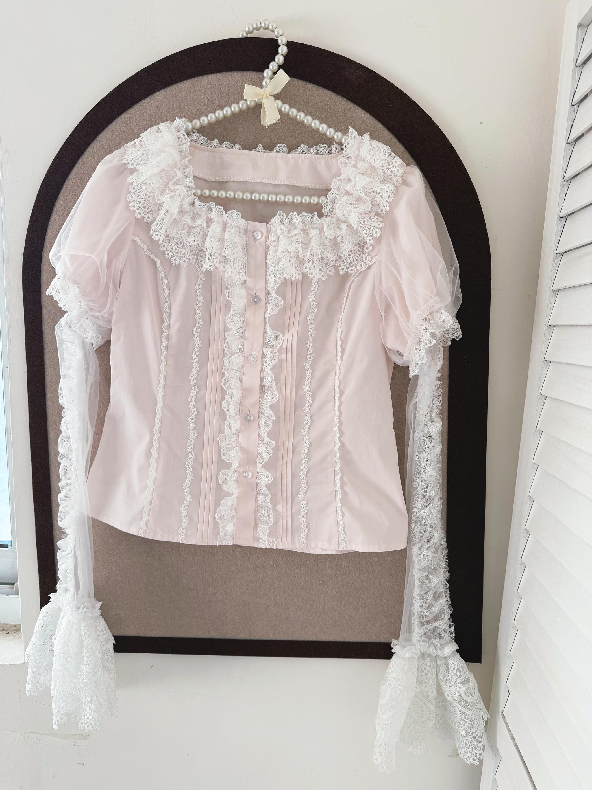Frosted Starlight - Old School Lolita Blouse, Detachable Sheer Sleeves (Pink / 2XL L M S XL XS) 44613:814462