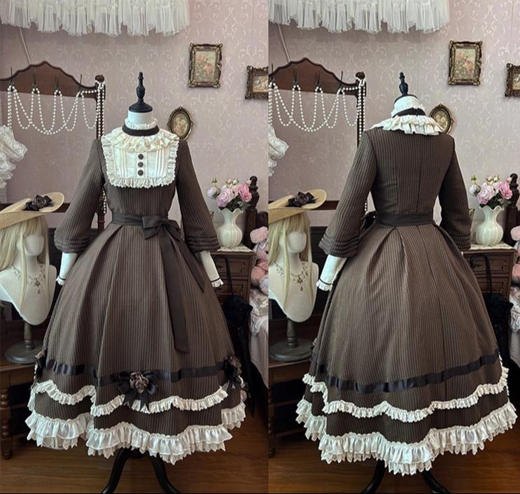 Muyu Handmade Studio - Evening Whispers of London - Brown Classic Lolita OP Dress, Mermaid Skirt Outfit 43993:792027