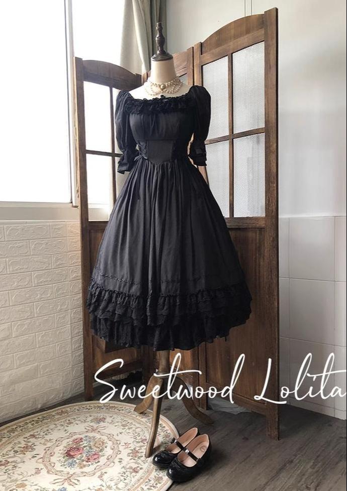 Sweet Wood - Nyx's Kiss - Plus Size Classic Lolita Short-sleeved OP Dress Black 2XL
