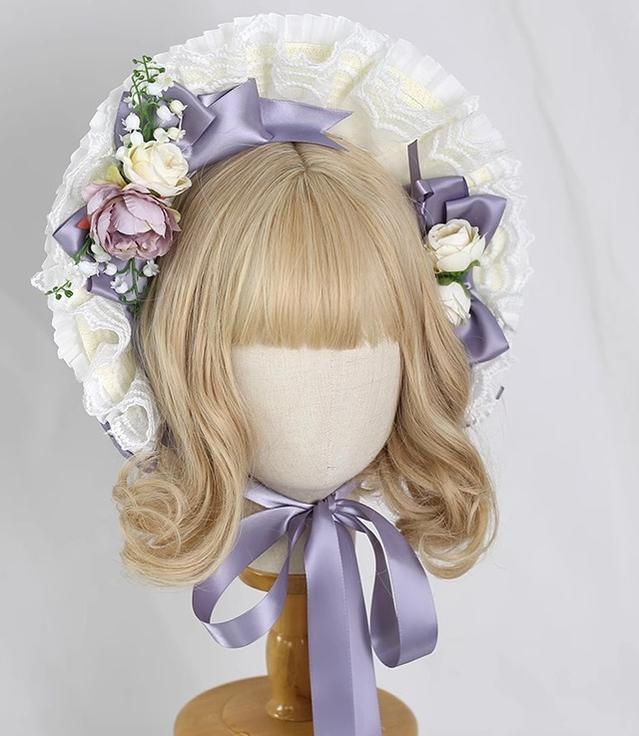 Xiaogui - Elegent Lolita Bonnet Bows Straw Hat One Size Satin ribbon lilac vine color