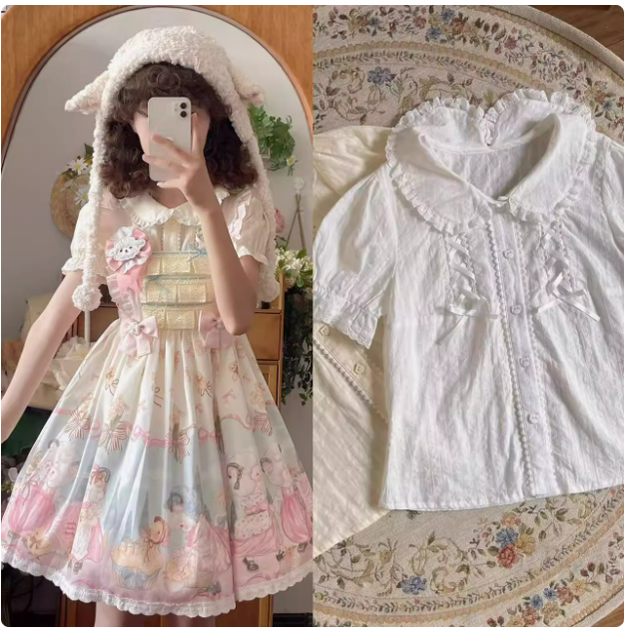 MeowMeow - Sheep Pattern Waltz Princess Lolita JSK Salopette S Extended JSK + white shirt