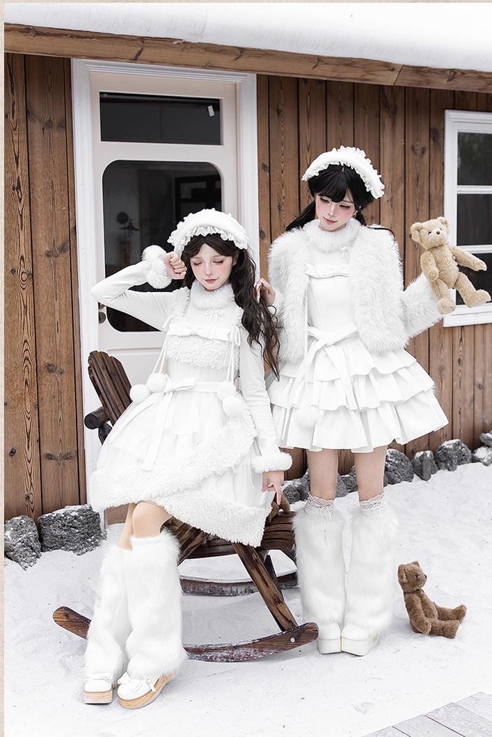With PUJI - White Choco - Winter Kawaii Lolita JSK Dress Set, Fluffy Accents 44246:801126