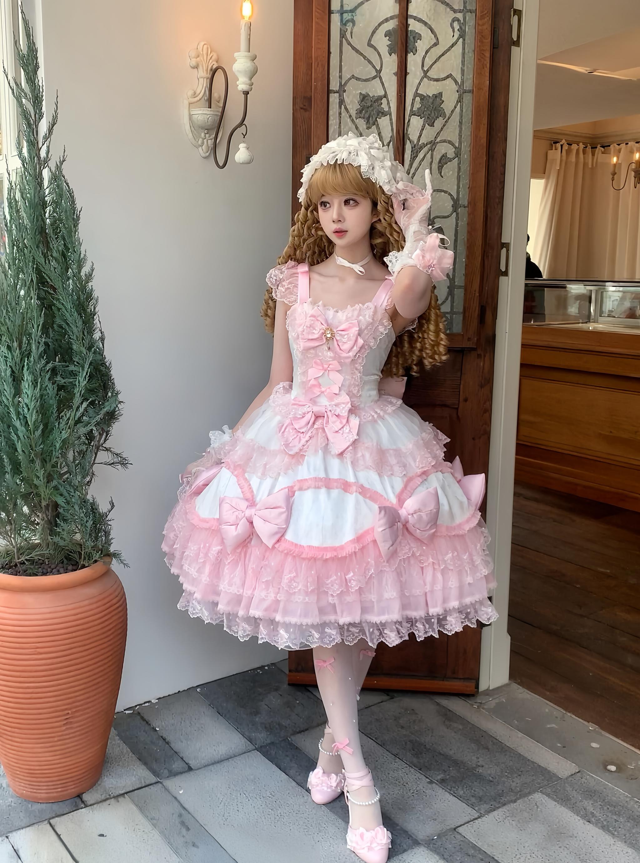 Floral Dream Isle - Sweet Lolita Doll-like JSK Dress, Bows & Lace (L M S) 44705:821079