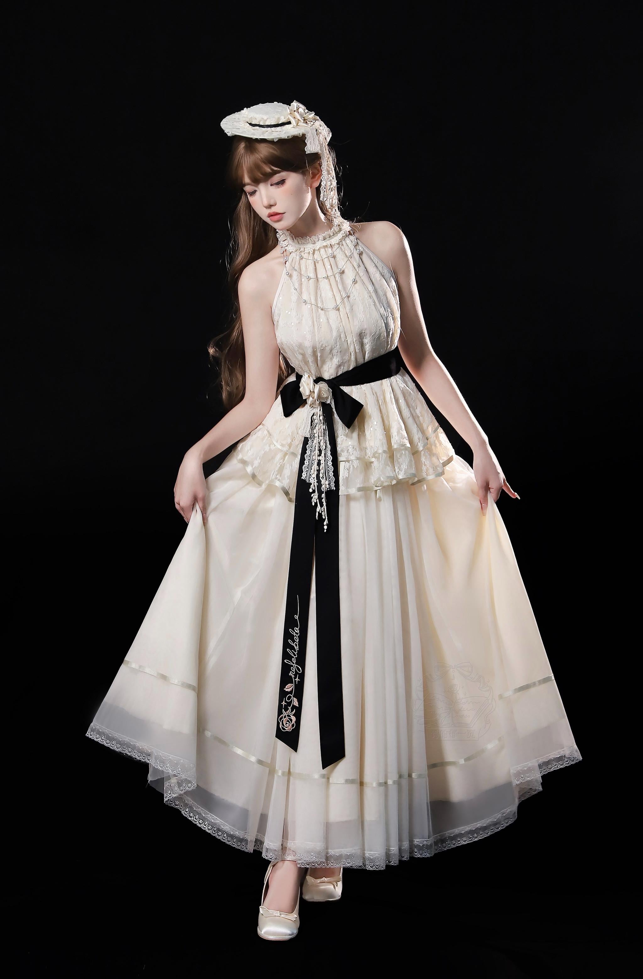 Moonlight Ode - Classic Lolita Lace Halter-neck Blouse & Tulle Skirt Set