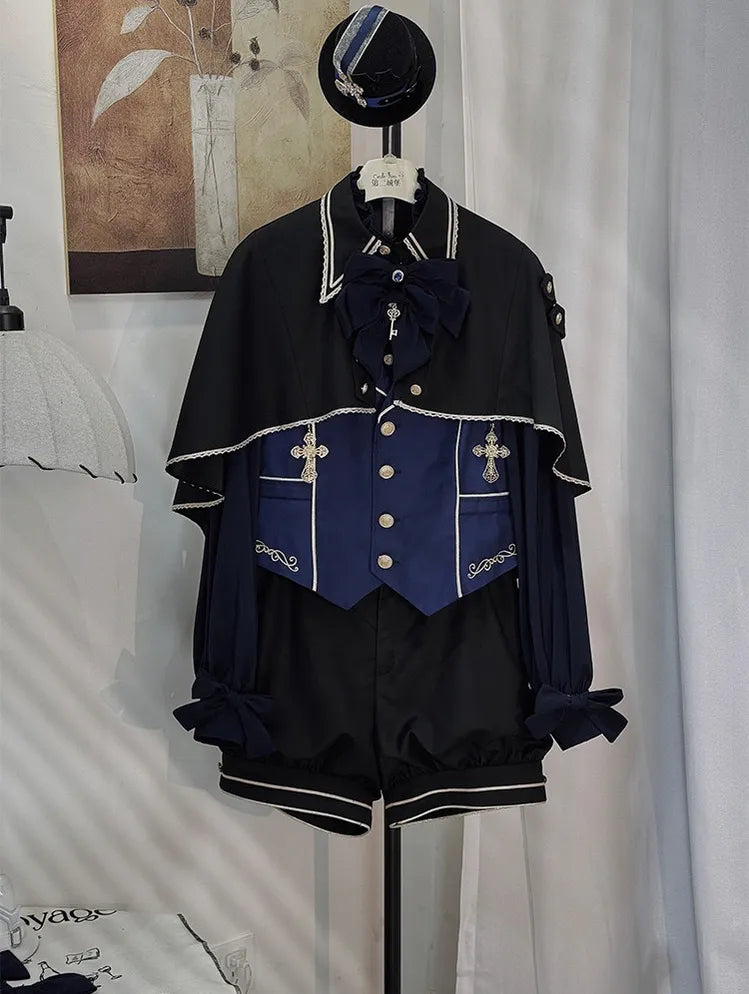 Fallen Holy Star - Ouji Lolita Ruffled Chiffon Blouse & Cape Set, Elastic Shorts 45816:863721