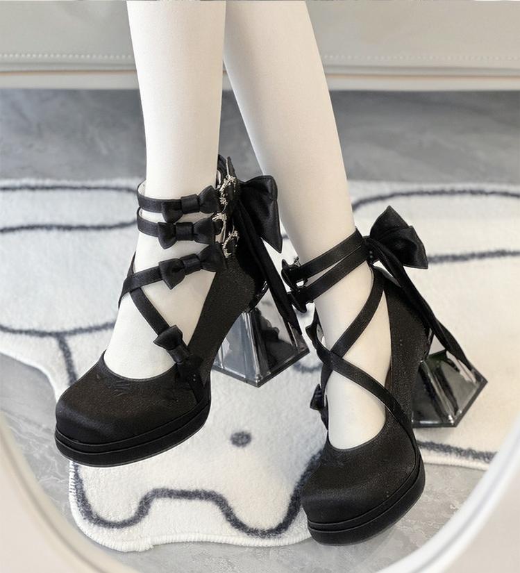 Panda Bear - Glass Floral House - Elegant Lolita Shoes,Transparent Heels with 3D Floral (Black / 34 35 36 37 38 39 40 41) 44045:795322