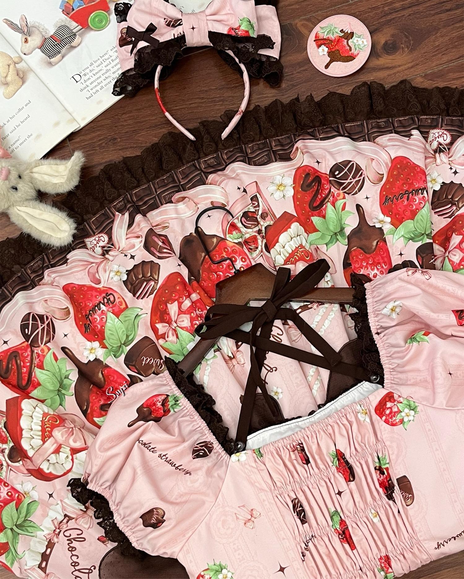 Strawberry Chocolate Lovers - Kawaii Lolita Embroidered Printed Dress 44882:840993