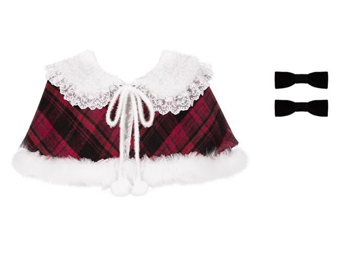 With PUJI - Snow Night Serenade - Fluffy Plaid Kawaii Lolita JSK, Reversible Cape (M) / L M S) 44279:802371
