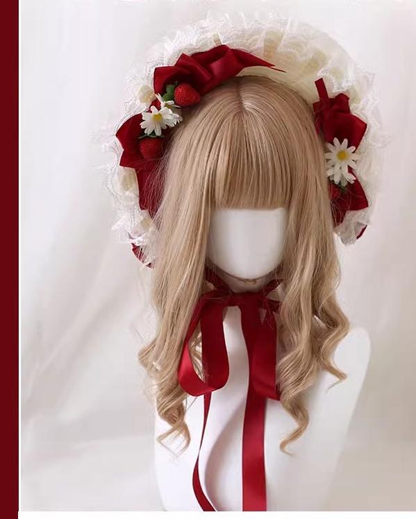 Xiaogui - Sweet Lolita Hat Strawberry Bonnet with Lace and Bow One Size strawberry bonnet