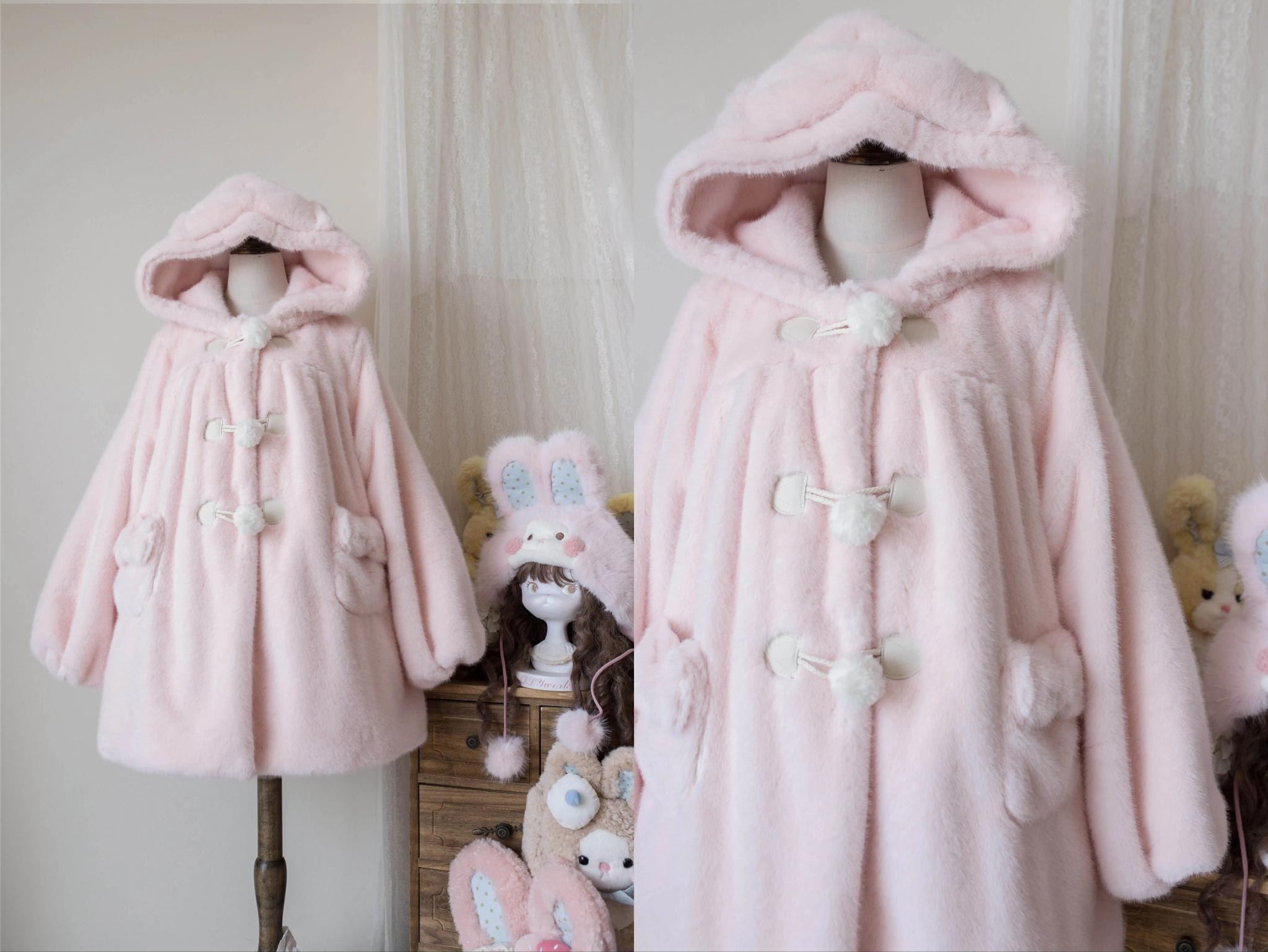 MIST - Cream Cheese - Winter Kawaii Lolita Overcoat Thickened Hooded Loose Outwear Light pink S (suitable for weight under 62.5 kg)