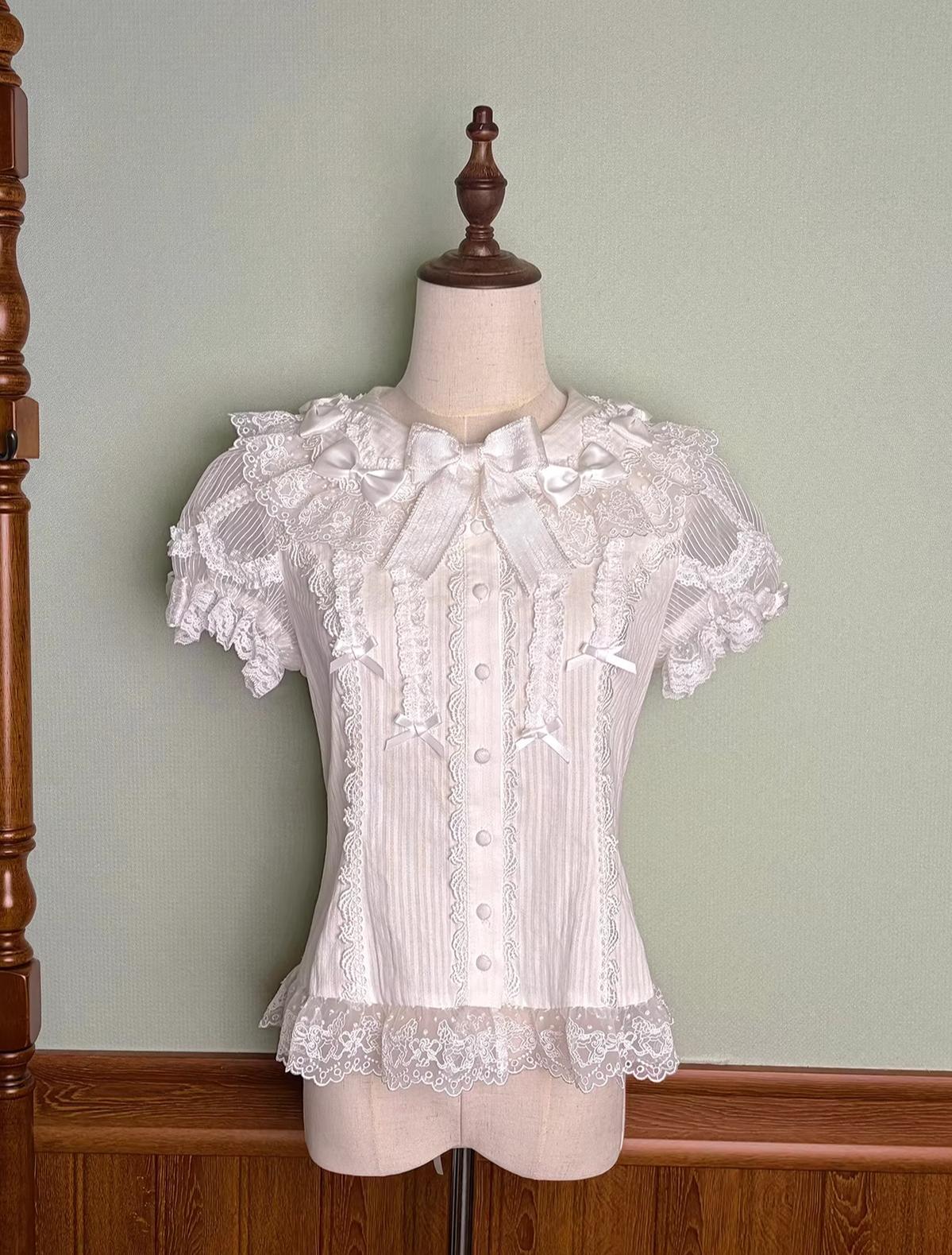Macaron - Sweet Lolita Short Sleeve Shirt, Lace & Bow Details White XS
