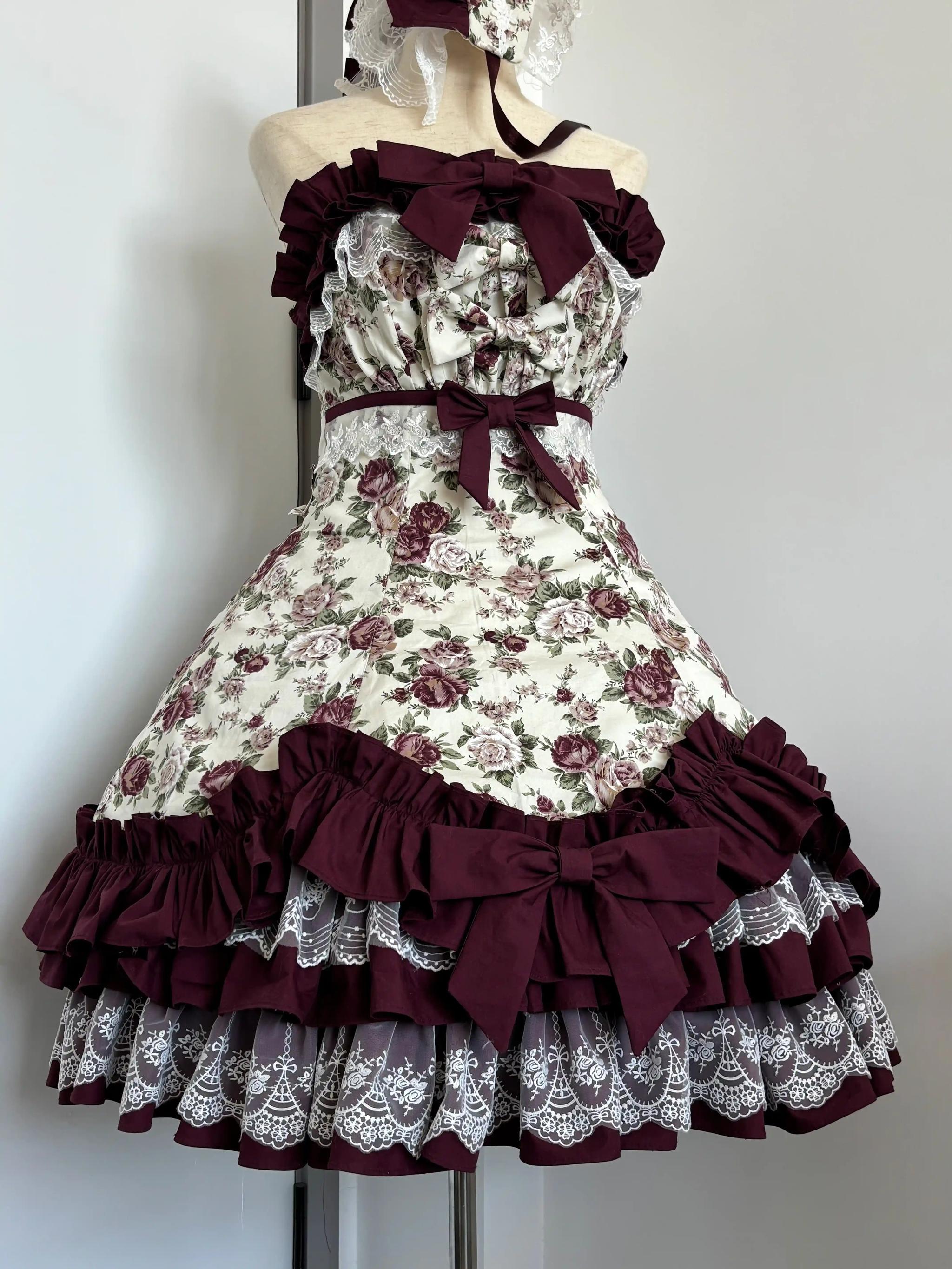 Burgundy Rose - Floral Printed Old School Lolita JSK, Elegant Cape JSK + Cape + BNT + Headscarf + Hanamaru Headpiece + KC + Headband S
