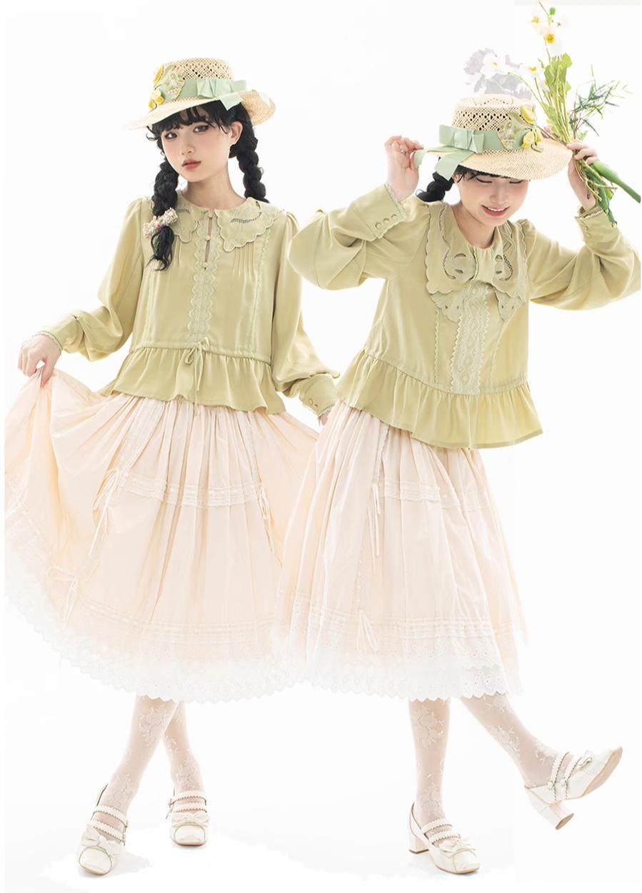 ZeeYe - Night Rose - Classic Lolita Shirt Double Layer Bow Embroidered Versatile Blouse S Matcha non-hollow out long sleeve