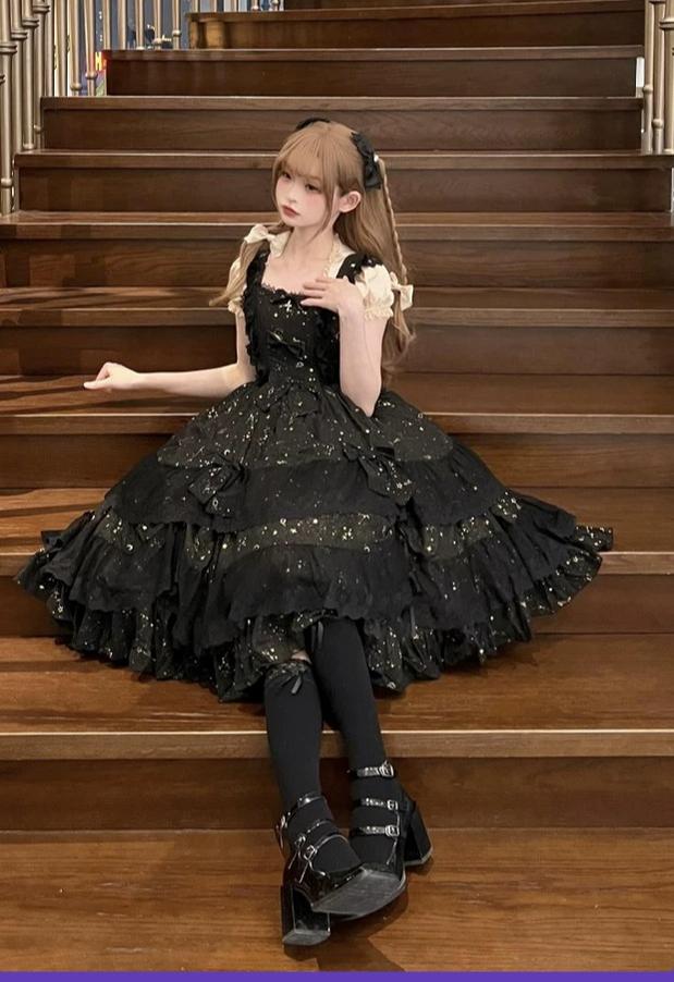 Star Wish - Classic Lolita JSK Dress, Gold Foil Constellation Chiffon 45954:869308