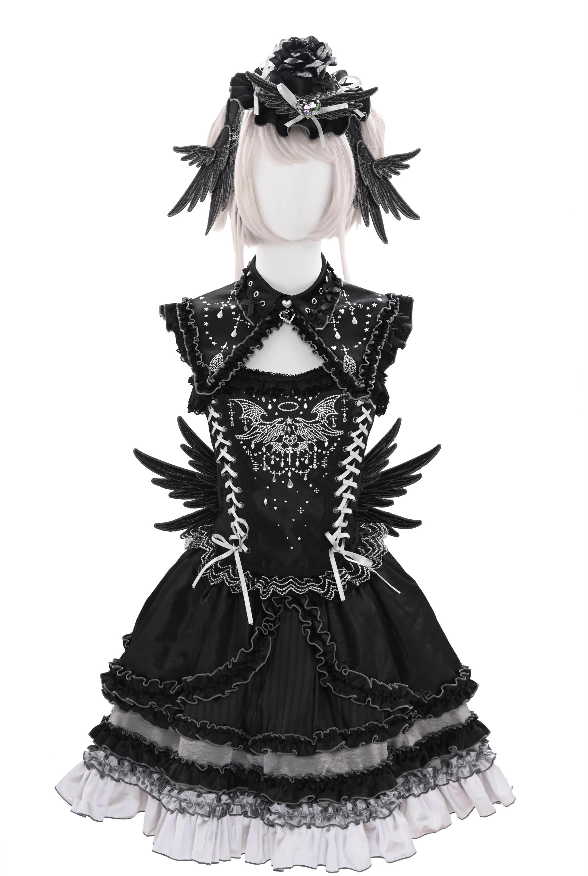 LustrE - Metallic Angel Black - Gothic Lolita Rhinestone Top & Ruffled Skirt Set 43991:791088