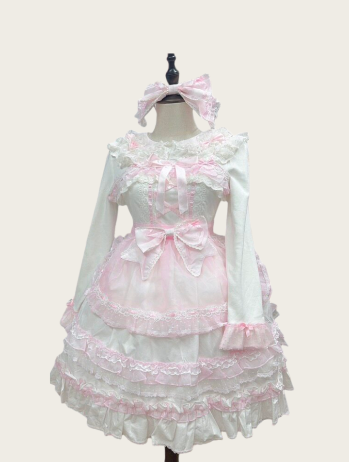 Little Dessert Chef - Old School Lolita JSK Dress, Cream-Like Ruffle White and Pink JSK + Waist Bow S